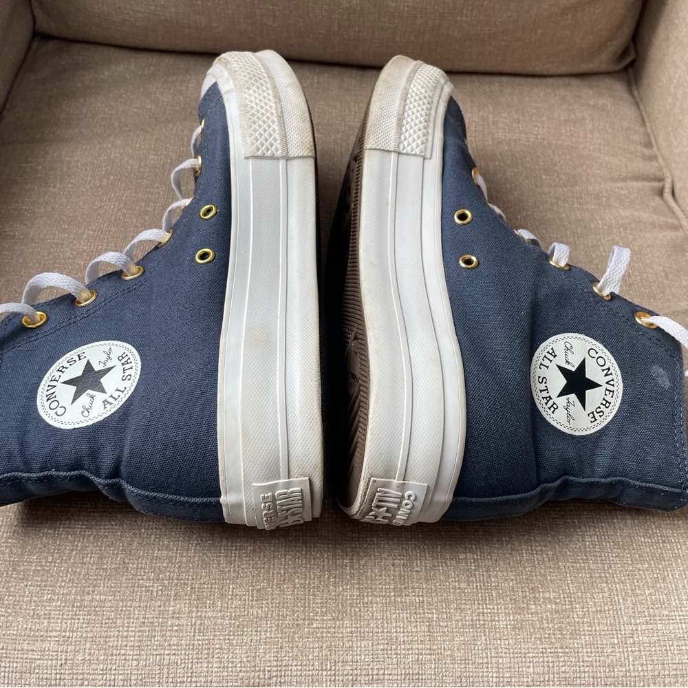 Custom Embroidered Converse Blue High-Tops with White Laces Gold Accents - Picture 6 of 9